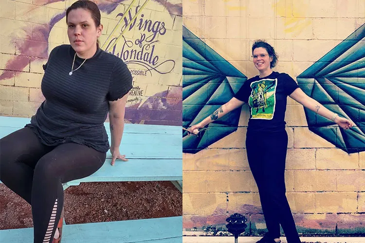Side-by-side photos of a woman sitting on a blue bench and posing with teal street-art wing mural