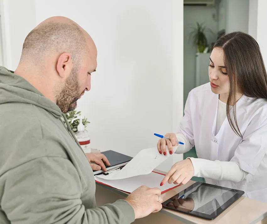 Medical professional consulting male patient, reviewing forms and tablet at clinic desk