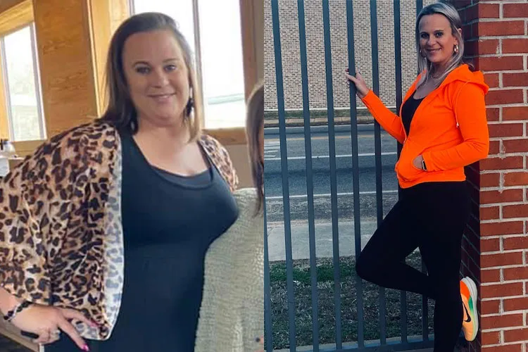 Side-by-side before-and-after photos of a woman in a leopard cardigan and later in an orange jacket with black leggings.