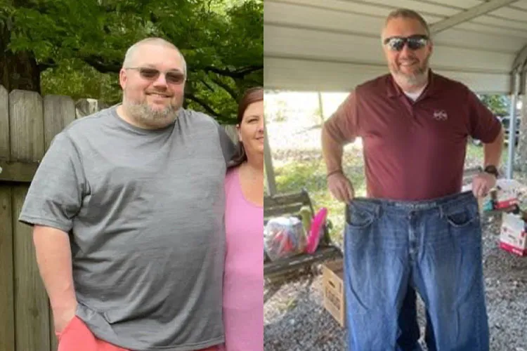 Before-and-after weight loss photo of a man - left heavier in gray shirt, right slimmer holding oversized jeans, smiling.
