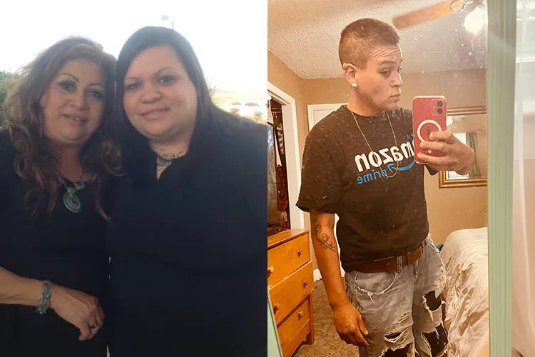 Side-by-side before-and-after photos: two women posing and a woman with short hair taking a mirror selfie in ripped jeans