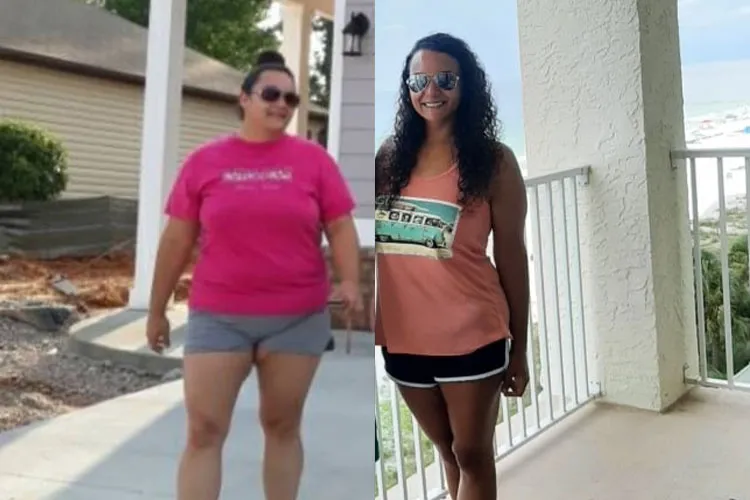 Before/after weight loss: woman in pink t-shirt and shorts (before) vs slimmer woman on balcony (after)