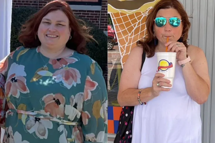 Before-and-after of a woman's weight-loss transformation: smiling in floral dress, later in white dress sipping a drink.